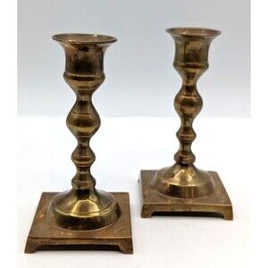 Brass Candlestick Holder Set Of Two 5” Tall 2.5" Base Vintage Made In India